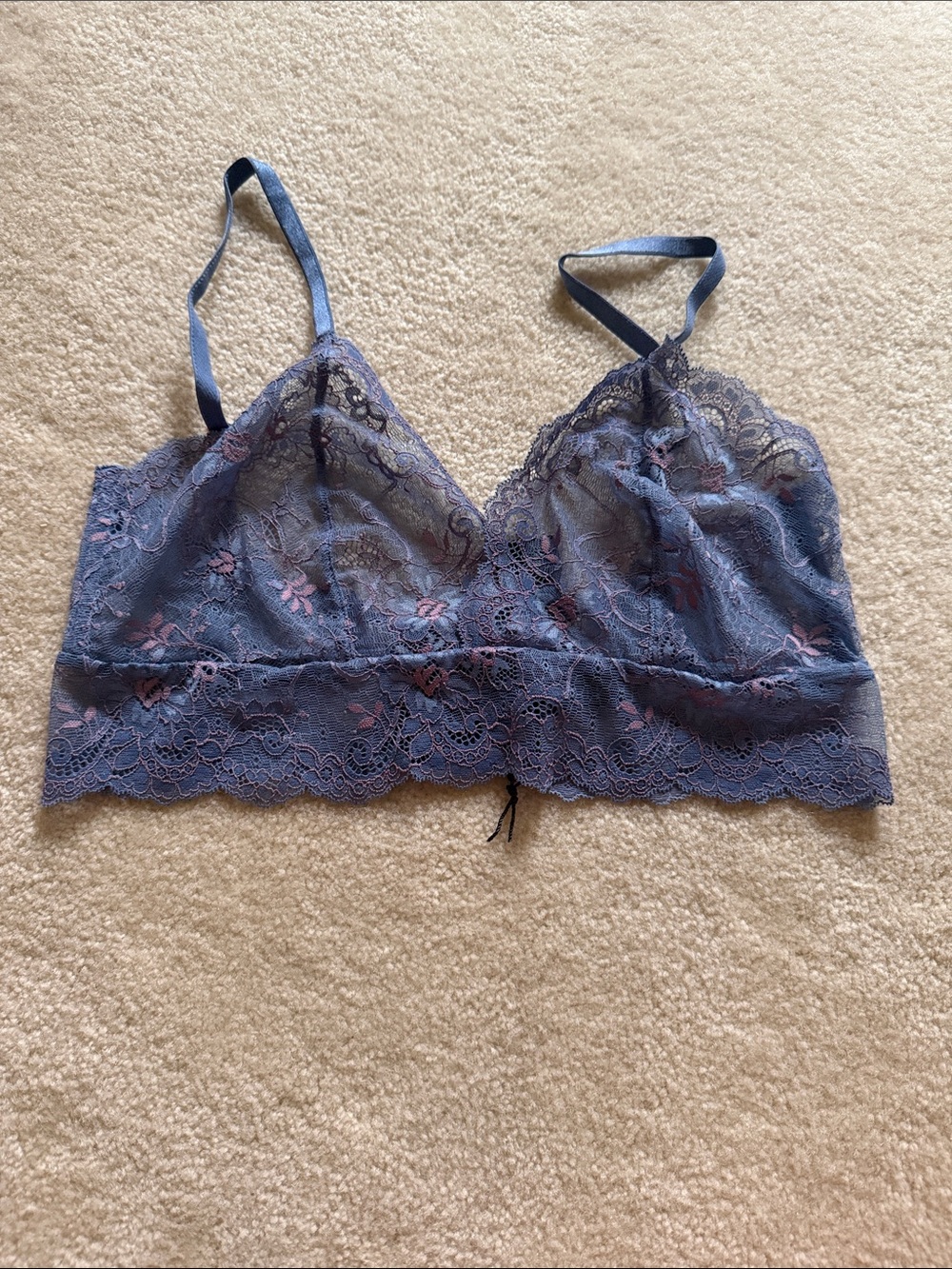 Samantha Chang Lace Bralette in Dusty Blue with Pink Accents
